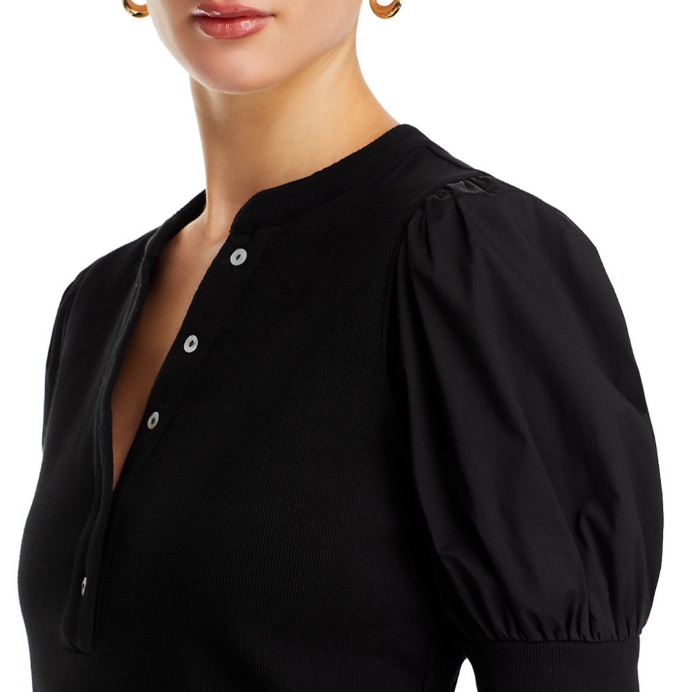 Small Black Puff Sleeve Henley Blouse New With Tags - Picture 4 of 6